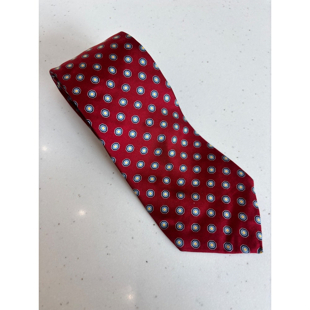 Tommy Hilfiger Mens Red Silk Geometric Medallion Polka Dot Necktie USA Made